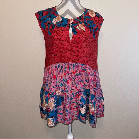 Mystree Red Turquoise Cheetah Floral Mixed Pattern Babydoll Rayon Keyhole Blouse - Picture 6 of 13